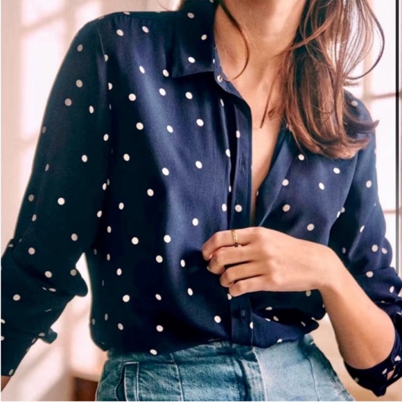 Sezane Tops - Sézane Navy Polka Dot 100% Silk Long Sleeve Button Down Ann Top Sz. 34 (2)